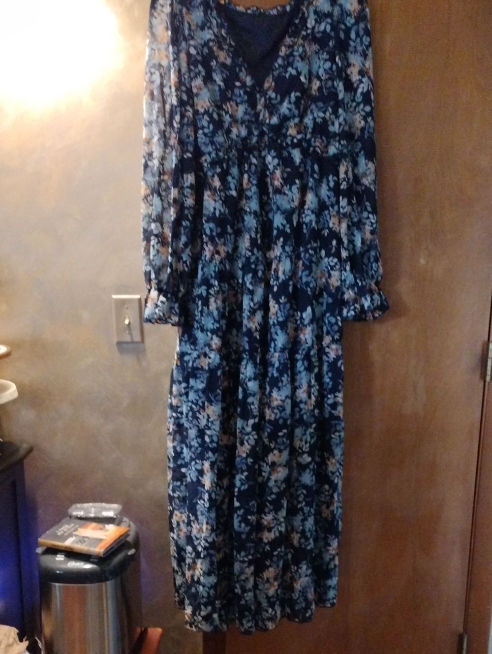 Navy Floral Long Sleeve Maxi Dress with Light Blue Accents